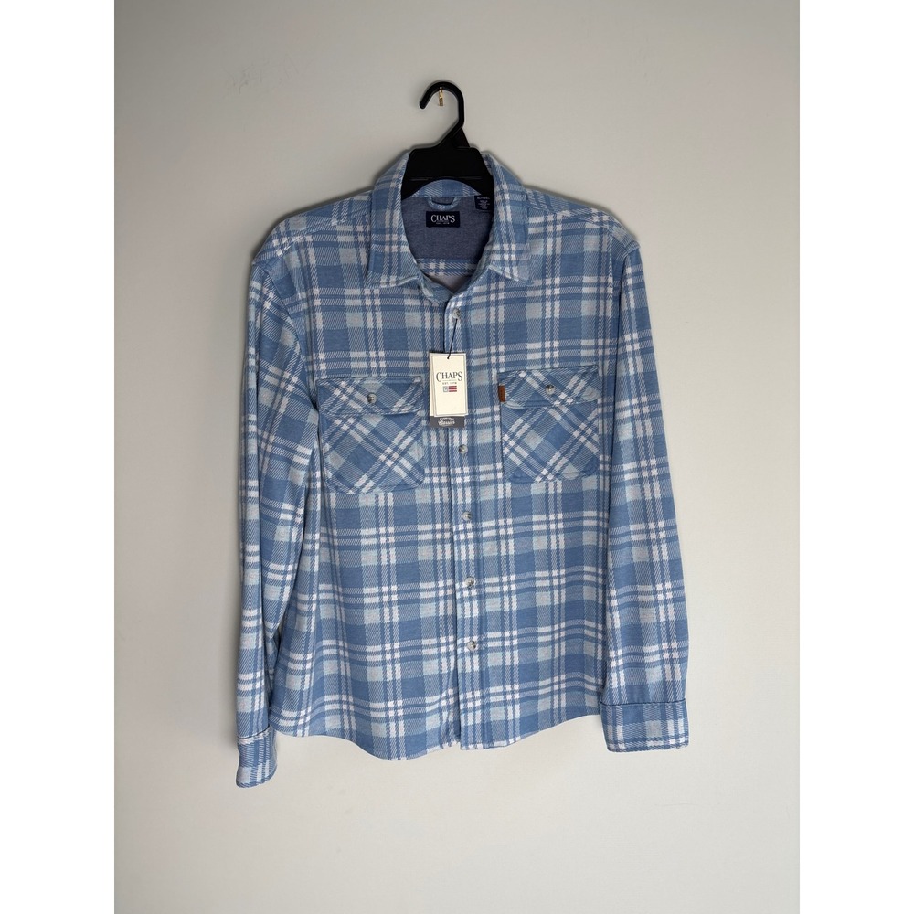 Chaps Lakeland Flannel Shirt Mens XL Blue Plaid Knit Stretch Untucked Casual New